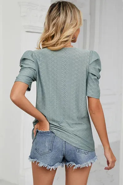 Eyelet Round Neck Puff Sleeve T-Shirt Women's T-Shirts - Tophatter Daily Deals